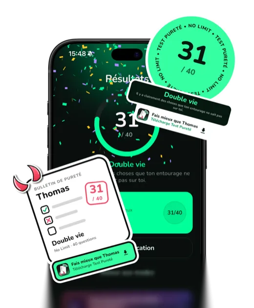 Application Test de Pureté : écran de résultat avec le score et la carte à partager